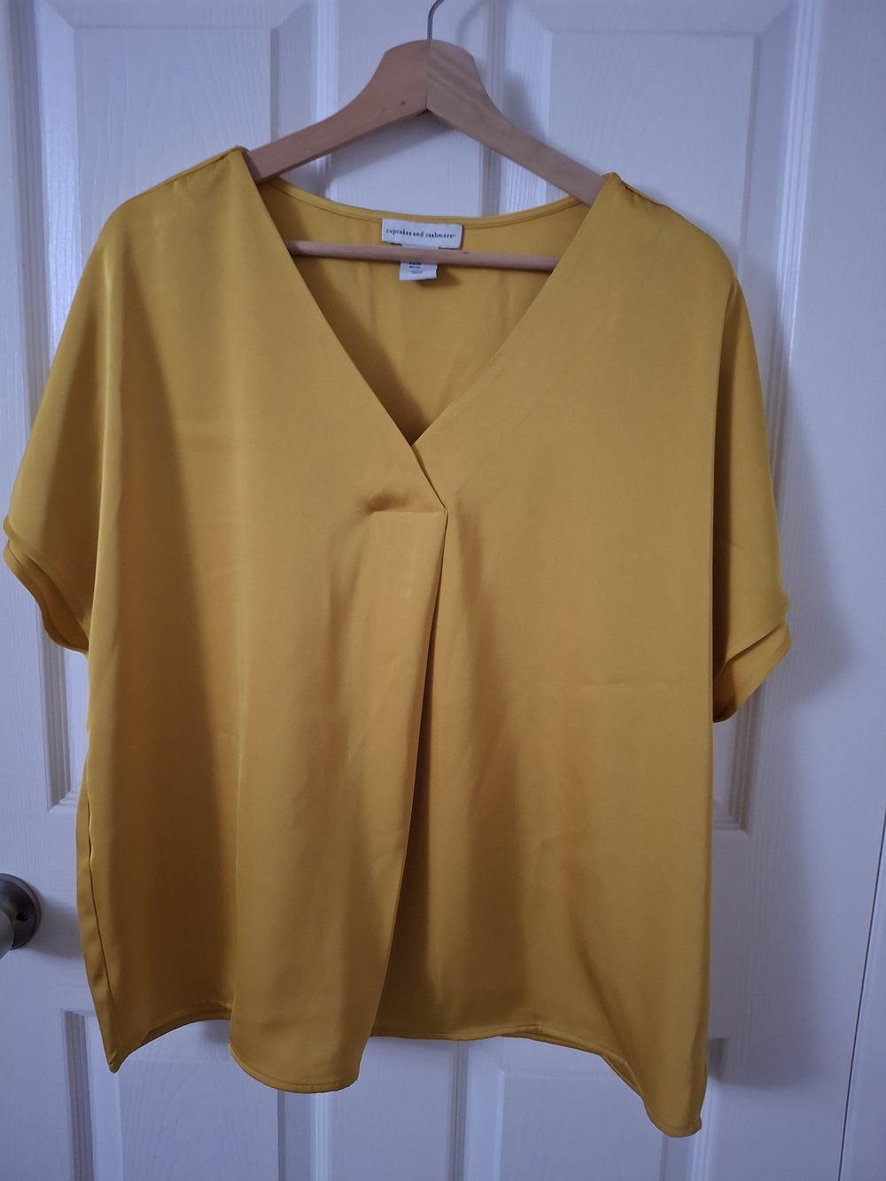 Cupcake & Cashmere  Mustard Yellow V-Neck Pleated Short Sleeve Blouse